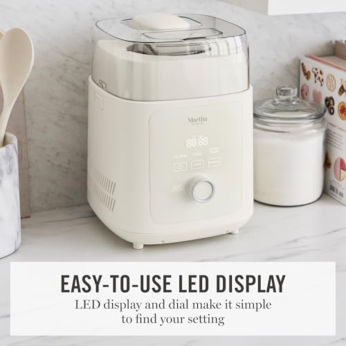Martha Stewart 1 Quart Ice Cream Maker, Built-In Compressor, No Pre-Freezing Required, 3 Modes (Ice Cream, Sorbet, Frozen Yogurt), Automatic Mix-In Alert, Dishwasher-Safe Parts, Linen Cream