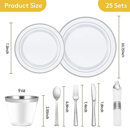 Goodluck 175 Piece Silver Plastic Dinnerware Set for 25 Guests, Fancy Disposable Plates for Party, Include: 25 Dinner Plates, 25 Dessert Plates, 25 Pre Rolled Napkins with Silver Silverware, 25 Cups
