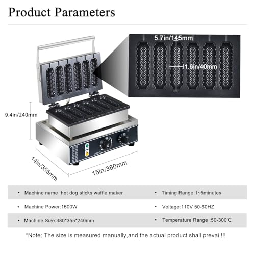 Commercial Corn Dog Waffle Maker,1600W Lolly Stick Waffle Maker,6 Slice Non-Stick,Stainless Steel Corn Hot Dog Waffle Iron with Temp and Time Control, for Restaurant Bakery Snack Bar Family.