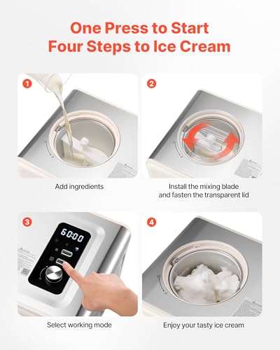 VEVOR Automatic Ice Cream Maker with Built-in Compressor, 2 Quart No Pre-freezing Gelato Maker, Electric Sorbet-Maker, 3 Modes Compressor Ice Cream Machine for Home Kitchen