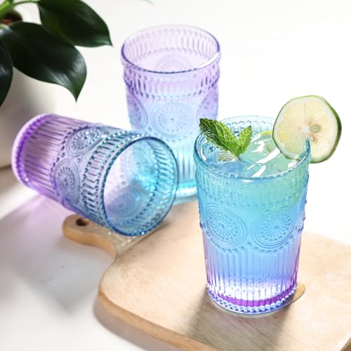 Loivttvv 6pcs Vintage Drinking Glasses Set, 12 oz Glass Cups, Embossed Ribbed Glassware Drinking Glasses for Cocktail, Water, Juice, Coffee, Whiskey