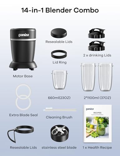 Ganiza Smoothie Blender, Max 1300 Watt Personal Blender and Grinder Combo for Kitchen, Portable Maker for Smoothies, Shakes, Frozen Drinks, Sauces with 6-Leaf Blade, 23 oz, (2) 37 oz To-Go Cups