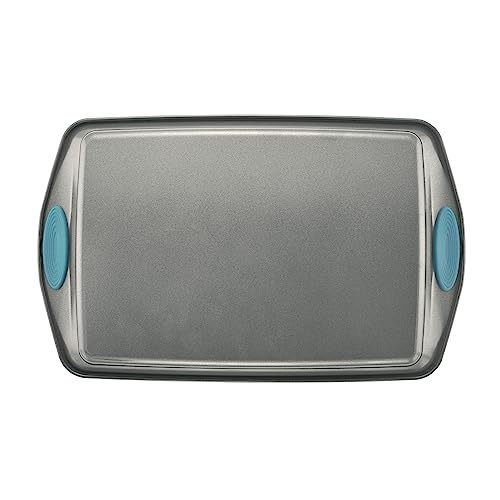Rachael Ray Nonstick Baking Pans Set, 3-Piece Cookie Pan Bakeware, Gray with Agave Blue Silicone Grips