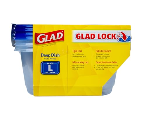 Glad GladWare Deep Dish Food Storage Containers with Lids, Large Rectangle BPA Free Plastic for Soups Salads and Meal Prep, Lock Tight Seal, Microwave Dishwasher Safe, 64 Oz, 3 Count