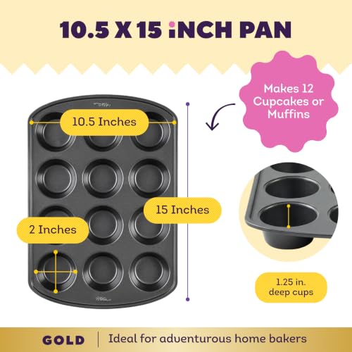 Wilton Gold Non-Stick Bakeware Muffin Pan - Baking Pan for Muffins & Cupcakes - Made Without PFAS, Dent Resistant & Dishwasher Friendly - Offers Even Heat Distribution - 10.5 x 15 x 2 Inches, 12 Cup