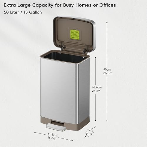 EKO Hudson Matte Stainless 50 Liter/13.2 Gallon Step Trash Can with Rear Trash Bag Storage Compartment