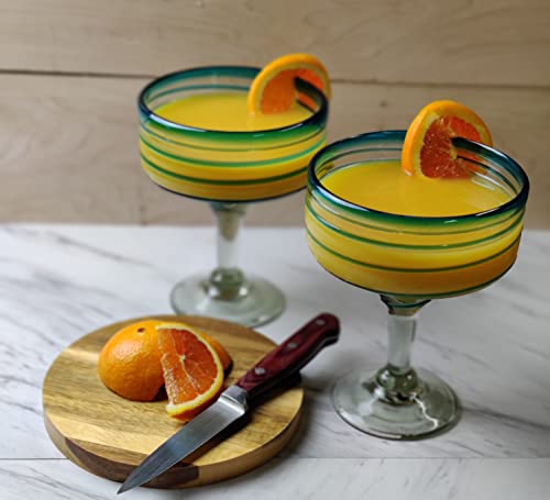 Dos Sueños Mexican Hand Blown Glass – Set of 4 Hand Blown Margarita Glasses (16 oz) with Aqua Spiral Design