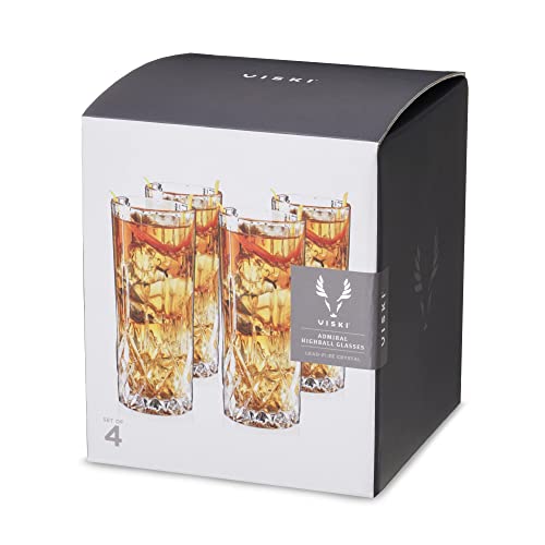 Viski Admiral Highball Glasses, Crystal Drinking Glasses, Elegant Glassware for Whiskey, Vodka, Cocktails, Perfect for Home Bars, Indoor & Outdoor Parties, Stylish Drinkware, 9 oz, Set of 4