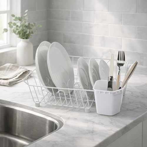 Oggi Compact Dish Drying Rack - White Metal Dish Drainer Rack, Drying Rack Kitchen, Dish Rack, Dish Racks for Kitchen Counter, Durable Coated Metal Kitchen Drying Rack with Cutlery Holder