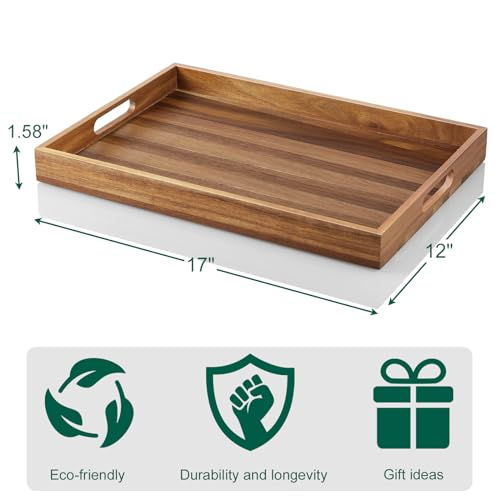 17 Inch Acacia Wood Serving Tray with Handles - Large Wooden Tray for Ottoman, Breakfast in Bed, Dinner, Coffee Table - Decorative Rectangular Tray for Living Room Bedroom Entryway and Kitchen