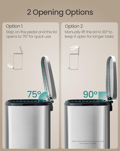 SONGMICS 20-Gallon (75 L) Trash Can, Stainless Steel Kitchen Garbage Can, Recycling or Waste Bin, Soft Close, Step-On Pedal, Removable Inner Bucket, Silver ULTB075EZ01