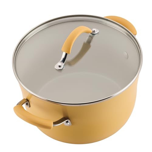 Rachael Ray Cucina Ceramic Nonstick Pots and Pans Set with Saucepans, Frying Pans, Stockpot, Lids, and Pan Protectors, 10 Piece Non Stick Cookware Set, Dishwasher Safe - Turmeric Yellow