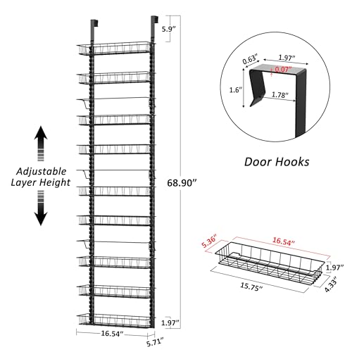 Churboro Over the Door Pantry Organizer Rack with 9 Adjustable Baskets, 9 Tiers Dual-use Hanging or Wall Mount Spice Rack Organizer, Black