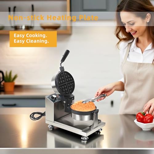 Hehinton® 110V 1300W Commercial Belgian Waffle Maker, 180 Degree Rotatable Waffle Baker Machine with 122-572℉ Temp Control, 0-5min Timer, φ7"X1.2" Thick Non-Stick Dough/Batter Round Waffle Maker