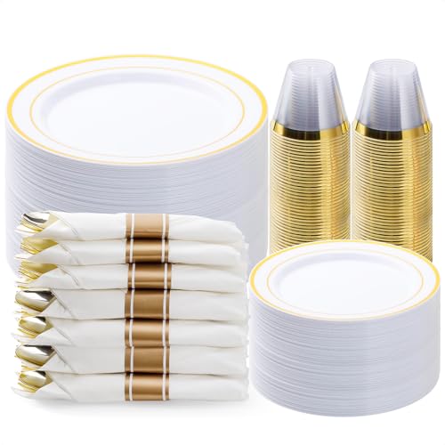 BESTVIP 350PCS Gold Plastic Dinnerware Set, Disposable Party Plates for 50 Guests, Include: 100 Plastic