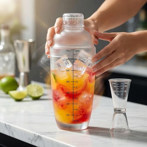 Homestia 3 Pack Plastic Cocktail Shaker Set - 24oz 700ml Drink Mixer with Built-in Strainer Extra Cap, Recipes Book, Leakproof Bartender Kit for Cocktails, Boba Tea, Milkshakes
