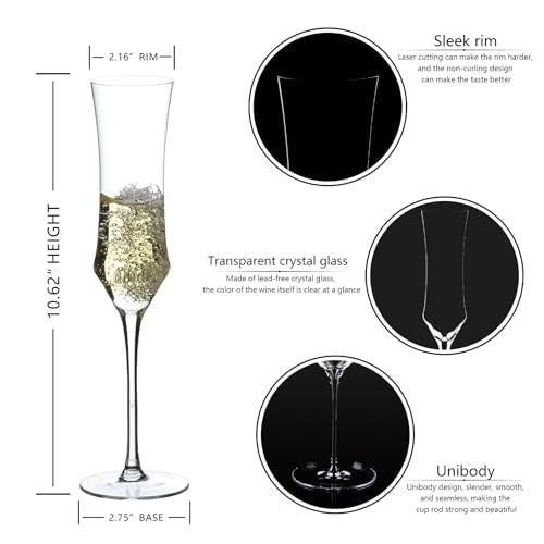 Champagne Flutes Set of 6 - Hand Blown Crystal Champagne Glasses With Long Stem - 7 oz Elegant Sparkling Wine Stemware - Unique Gift for Birthday,Wedding,Father's Day,Housewarming