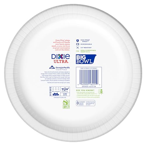 Dixie Ultra Extra Large Paper Bowls, 34 oz, 34 Count, Compostable, Microwave Safe, Disposable Bowls for Heavy Meals, Soups, Stews, and Everyday Use