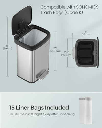 SONGMICS Kitchen Trash Can, 13 Gallon (50 L) Stainless Steel Garbage Can, with Stay-Open Lid and Step-on Pedal, Soft Closure, Tall, Large and Space-Saving, Silver and Black ULTB530E50