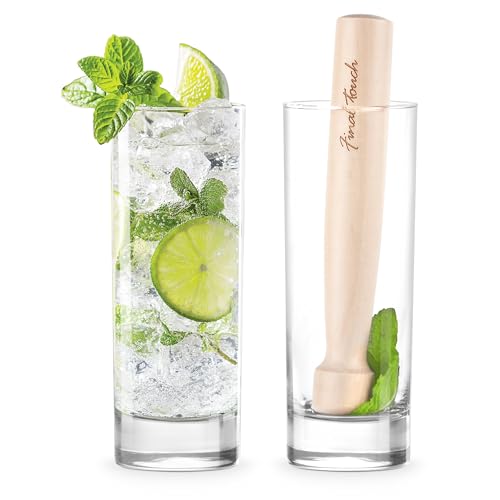Final Touch Premium Mojito Set - Includes 2 Tom Collins Glasses & Wooden Muddler - 10oz Slim Highball Glasses with Thick Base - Complete Cocktail Kit for Perfect Mojitos (FTA1835)