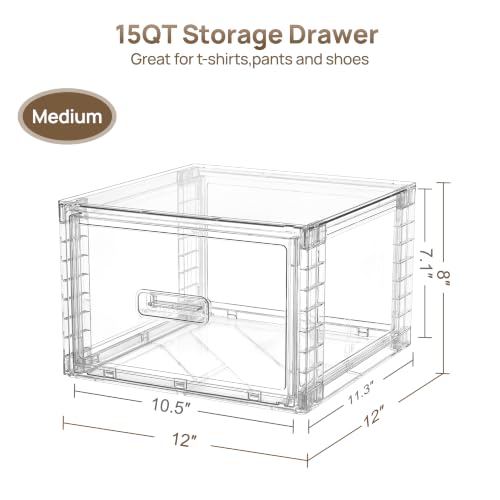 Vtopmart 4 Pack Clear Stackable Storage Drawers 15QT, Easily Assemble Closet Organizers,Plastic Storage Bins for Bathroom,Cabinet,Kitchen Pantry,Under Sink Organization(Medium)