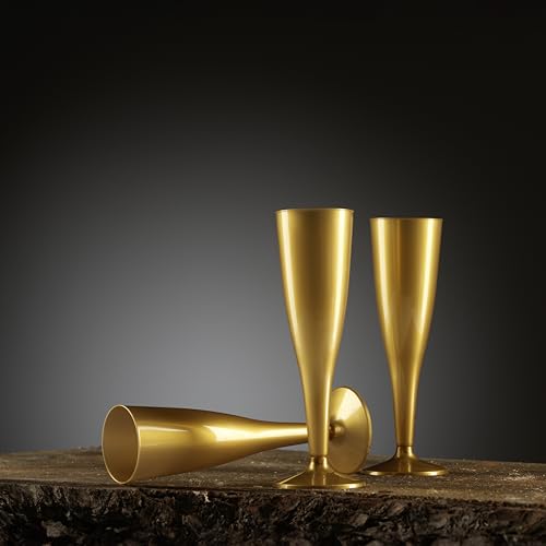 Munfix 30 Pack Gold Plastic Champagne Flutes - 5 Oz Disposable Toasting Glasses - Wedding Party Cocktail Mimosa Plastic Cups