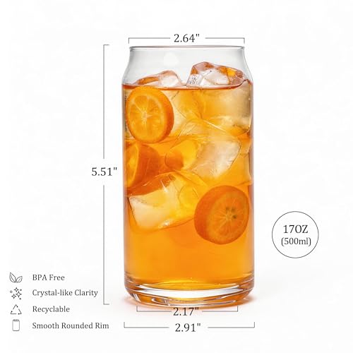 Korser Drinking Glasses Set of 6, 17oz Highball Glass Cups with Glass Straws, Lead-Free Crystal Glassware, Glass Cups for Coffee, Beer, Whiskey, Cocktail,Mojito and Tom Collins, Soda, Tea, Water