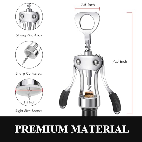 KORCCI Wine Opener, Heavy-Duty Zinc Alloy Wing Corkscrew, Premium Beer Bottle Opener, Multifunctional Wine Accessories with Ergonomic Handle and Sharp Screw, for Kitchen, Bar, Restaurant (SILVER)