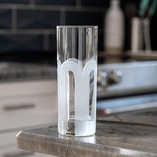 Rolf Glass Mid-Century Modern Highball Collins Glass | Made in America | Mojito Highball Glass | Geometric Arch Design | Diamond Engraved 12oz Tumbler | Set of 2