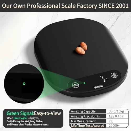Vitafit 33lb/15kg Digital Food Scale in High Precision 0.1oz/1g, Our Own Kitchen Scale Professional Factory Since 2001, Home and Kitchen Essentials for Cooking and Baking, LED, 3*AAA Batteries, Black