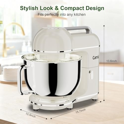 Camic Electric Stand Mixer,7.45 QT,10 Speeds with Dough Hook,Whisk, Flat Beater Attachments, Splash Guard, Easy-Carry Top Handle,3-IN-1 Kitchen Mixer for Baking Cakes Cookie Bread Salad (White)