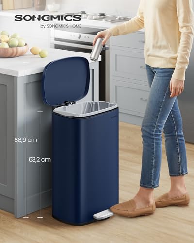 SONGMICS 13 Gallon (50 L) Trash Can, Stainless Steel Kitchen Garbage Can, Recycling or Waste Bin, Soft Close, Step-On Pedal, Removable Inner Bucket, Midnight Blue ULTB050L01