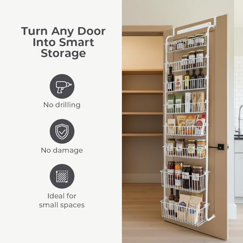 HOKOSFOKOS Over Door Organizer Storage - 8 Tier White Metal Over the Door Pantry Organizer Heavy Duty Hanging Storage Rack, Behind Cabinet Shelves for Home, Kitchen, Bathroom, Closet, Pantry