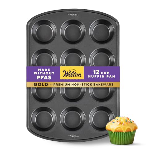 Wilton Gold Non-Stick Bakeware Muffin Pan - Baking Pan for Muffins & Cupcakes - Made Without PFAS, Dent Resistant & Dishwasher Friendly - Offers Even Heat Distribution - 10.5 x 15 x 2 Inches, 12 Cup