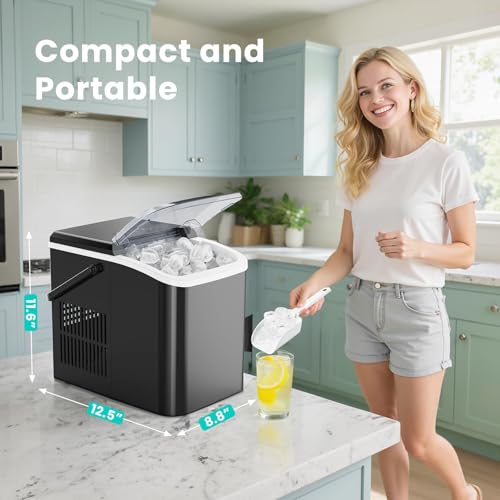 OLIXIS Ice Maker Machine with Handle,26lbs in 24 Hours,9 Cubes in 6 Mins,Auto-Cleaning Portable Ice Maker with Basket and Scoop, Countertop for Home, Kitchen, Camping, RV, Sleek Black