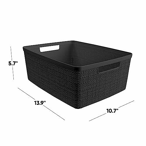 Curver Set of 6 Medium 12L Jute Decorative Plastic Organization and Storage Baskets - Perfect Bins for Home Office, Closet Shelves, Kitchen Pantry and All Bedroom Essentials, Black