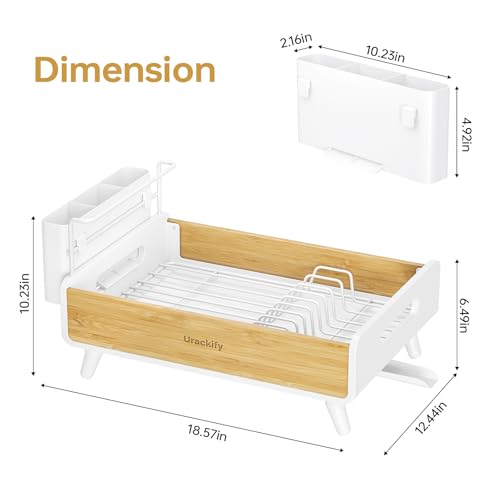 Urackify Dish Drying Rack for Kitchen Counter - Stainless Steel & Bamboo Dish Rack with Large Removable Utensil Holder, Dish Drainer with Adjustable Automatic Spout, White