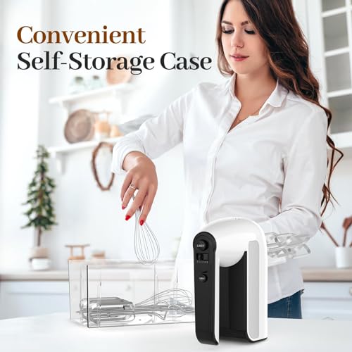 5-Speed Electric Hand Mixer, 800W Handheld Mixer with Turbo for Baking & Cooking, Kitchen Food Mixer with Storage Case & 6 Stainless Steel Attachments (2 Beaters, 2 Dough Hooks, 2 Whisks)-White