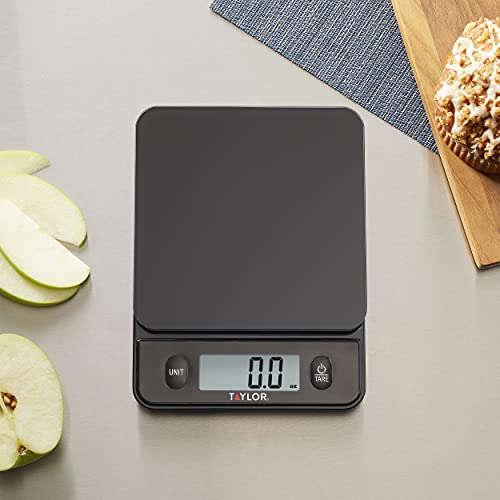 Taylor Glass Top Food Scale with Touch Controls, 11 lb Capacity, Sleek Black Design for Precision Food Measurement in Grams and Ounces