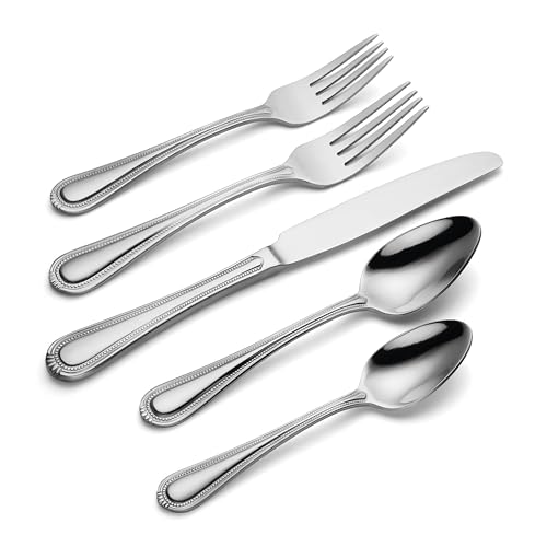 Oneida Silverware Set For 8, Countess 45-Piece Everyday Flatware Set with Serving Utensils, Service For 8, Bead Pearl, 18/0 Stainless Steel, Dishwasher Safe,Knives Spoons & Forks Set (Silver 45 Piece)