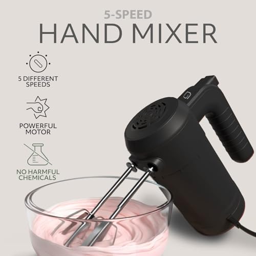 WILLOW Eco Series Electric Hand Mixer, 5 Speed Ultra Powerful Handheld Mixer with Stainless Steel Whisks, Beaters & Dough Hooks + Eject Button, 350W Kitchen Mixer with Snap-On Storage Case - BLACK