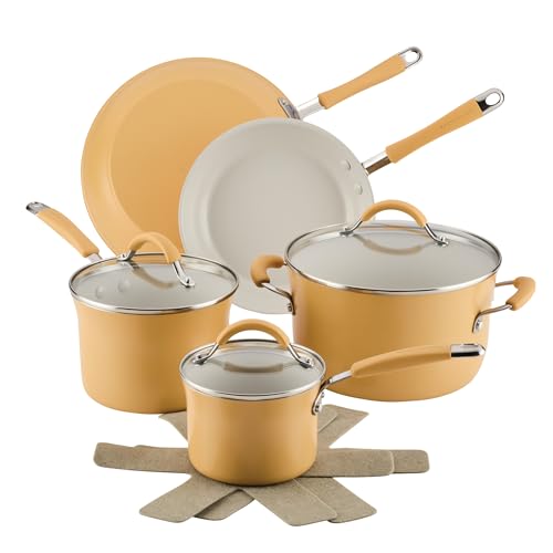 Rachael Ray Cucina Ceramic Nonstick Pots and Pans Set with Saucepans, Frying Pans, Stockpot, Lids, and Pan