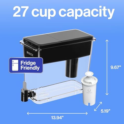 Brita Extra-Large 27-Cup Water Filter Dispenser with Standard Filter, WQA NSF/ANSI Certified, Removes Chlorine Taste & Odor, Reduces Zinc Copper & Mercury, BPA-Free, 1 Filter Included, Lasts 2 Months