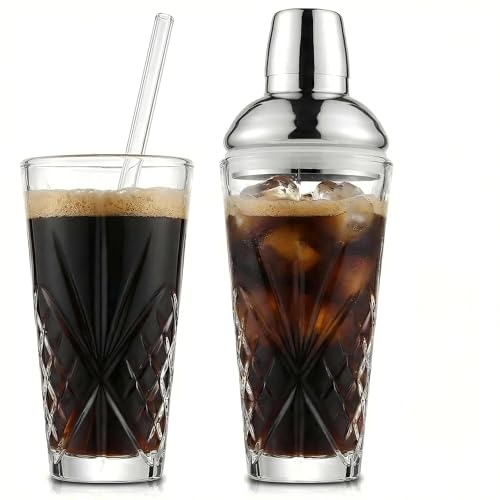 Fioance Cut Crystal Cocktail Shaker 18.5oz Sealed Lid, Mult-Use