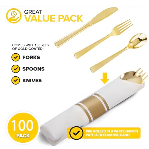 Joyido 400PCS Pre Rolled Gold Plastic Silverware Sets - Heavy Duty Gold Cutlery - Include 100 Pack Wrapped Disposable Utensils with Napkins for Parties, Dinners & Weddings