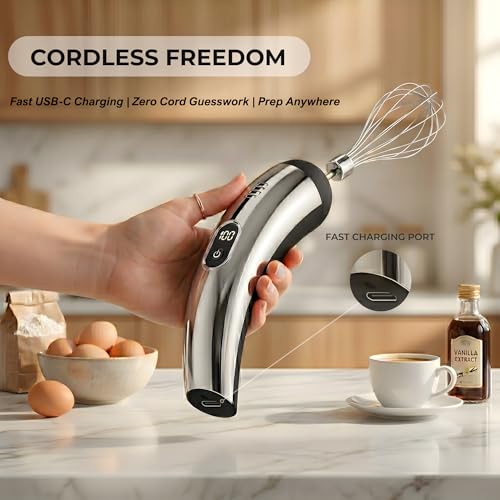 Wynboop Mini Cordless Hand Mixer, 5-Speed Electric Whisk with Digital Display, USB-C Rechargeable & Silent, Portable for Drinks, Breakfast & Baking(Black)
