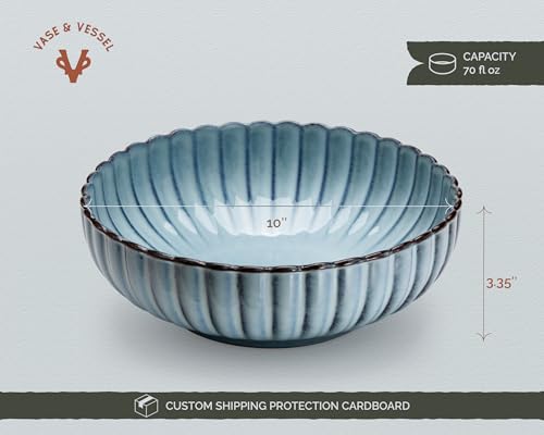 Serving Bowls, Durable Ceramic, Large, Microwave and Dishwasher Safe, Scalloped Shell Shape, Ombre Blue, 70 oz, Set of 2, Tidal Collection