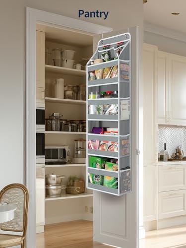 Yecaye 5 Tier Over the Door Organizer, Swing-proof Door Organizer Hanging with Clear PVC Windows, Behind the Door Storage for Bedroom Nursery Closet Laundry Pantry Bathroom, Grey