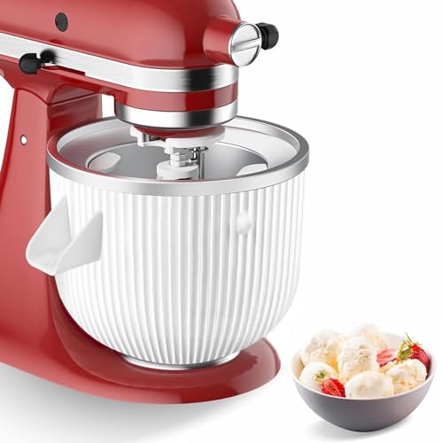 Ice Cream Maker Attachment for KitchenAid Mixers, Fits KitchenAid 4.5/5QT & 6QT Stand Mixers, Frozen Ice Cream & Sorbet Gelato Maker for KitchenAid, 2 Quart, White(Machine/Mixer Not Included)