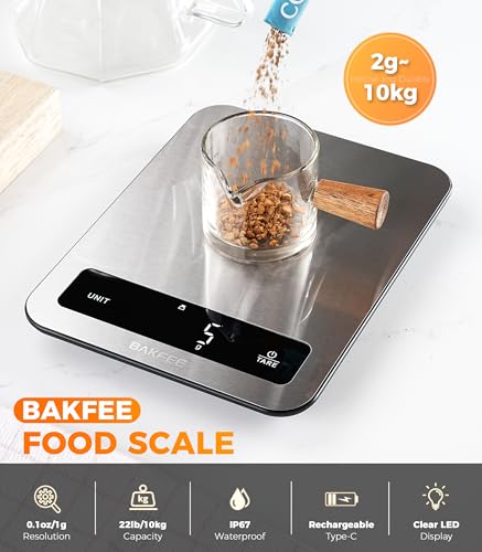 BakFee 100% Waterproof Food Scale, IP67 Digital Kitchen Scale, Rechargeable (USB-C), 0.1oz/1g Precision, 22lb Capacity, Stainless Steel & Tempered Glass, for Cooking, Making Sourdough Bread, Black